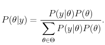 $\displaystyle P(\theta\vert y) = {P(y\vert\theta) P(\theta) \over \displaystyle\strut \sum_{\theta \in \Theta} P(y\vert\theta) P(\theta)} .$