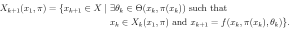 \begin{displaymath}\begin{split}X_{k+1}(x_1,\pi ) = \{ x_{k+1} \in X \;\vert\; &...
...mbox{ and } x_{k+1} = f(x_k,\pi (x_k),\theta_k)\} . \end{split}\end{displaymath}