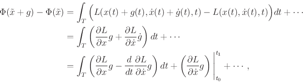 \begin{displaymath}\begin{split}\Phi({{\tilde{x}}}+ g) - \Phi({{\tilde{x}}}) & =...
...\dot x}} g \right)\Bigg\vert_{t_0}^{t_1} + \cdots , \end{split}\end{displaymath}