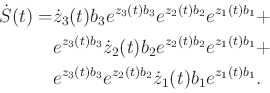 \begin{displaymath}\begin{split}\dot{S}(t) = & {\dot z}_3(t) b_3 e^{z_3(t) b_3} ...
...^{z_2(t) b_2} {\dot z}_1(t) b_1 e^{z_1(t) b_1} . \\ \end{split}\end{displaymath}