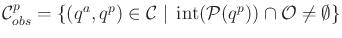 $\displaystyle {{\cal C}^p_{obs}}= \{ (q^a,q^p) \in {\cal C}\;\vert\; \operatorname{int}({\cal P}(q^p)) \cap {\cal O}\not = \emptyset \}$